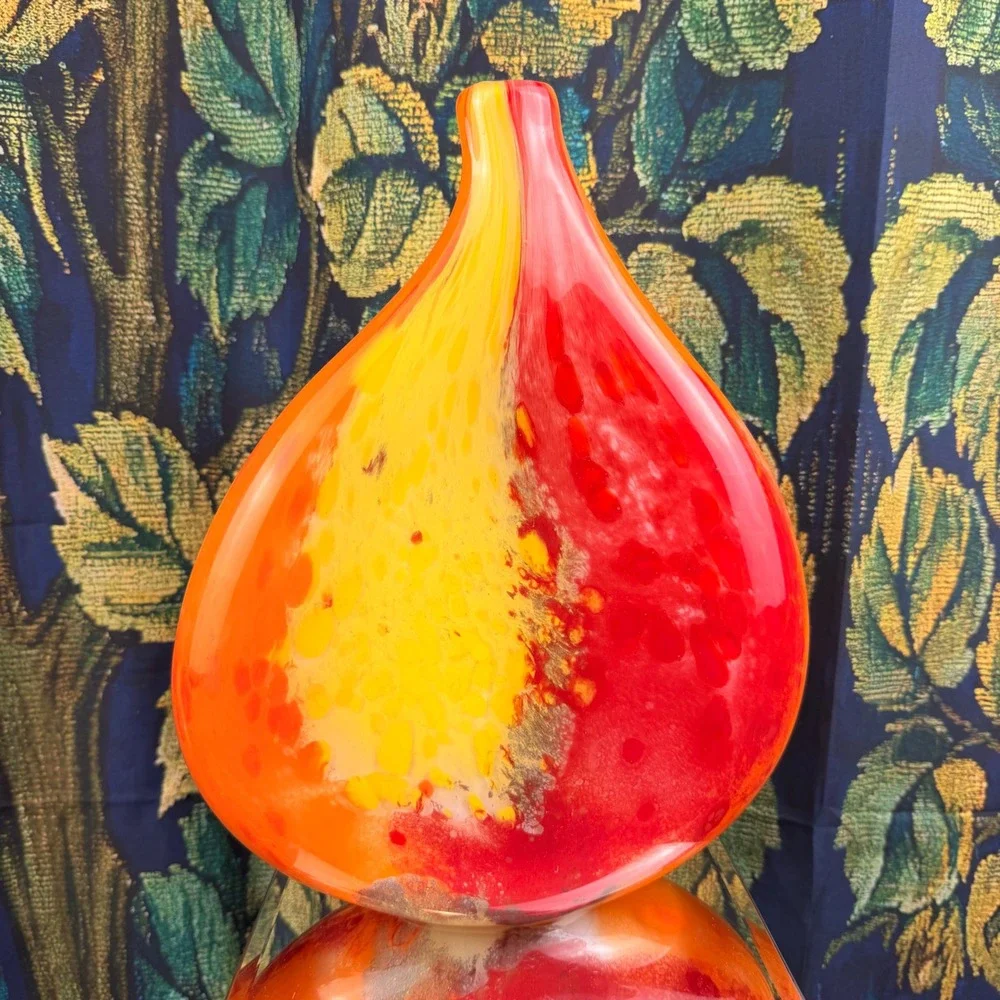 Art Glass Teardrop Vase Red‎ Orange Yellow Hand Blown 12.5